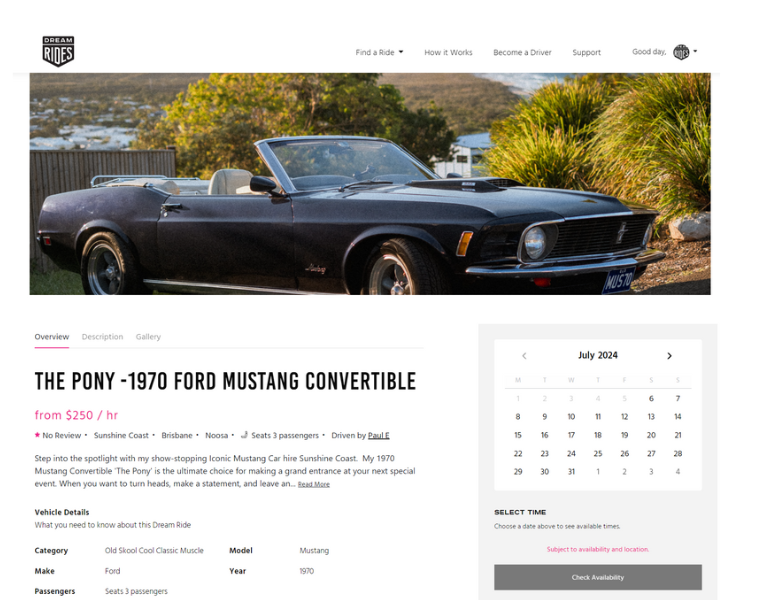1970 Ford Mustang Booking Page on Dream Rides